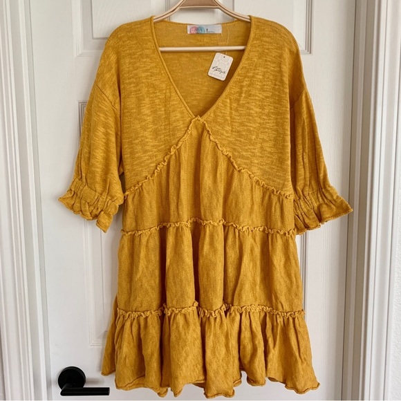 FREE PEOPLE Marykate Golden Yellow Tiered Sweater Flowy Ruffle Mini Dress - Picture 10 of 15